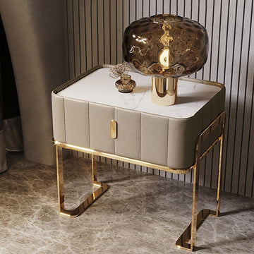 Champagne PU Leather Single Drawer Bedroom Nightstand Bedside Table with Stone Top